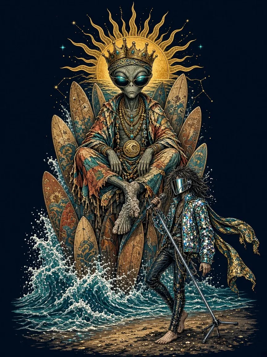 Tattoo-style art of a gold-haloed alien surfer rising from waves before a fan of surfboards