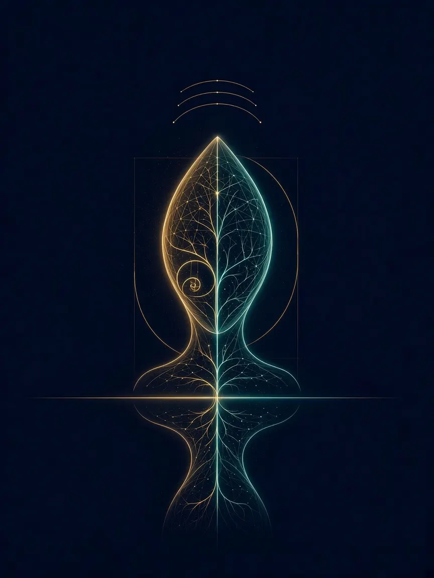 Minimal gold and teal line art of a luminous alien silhouette on navy