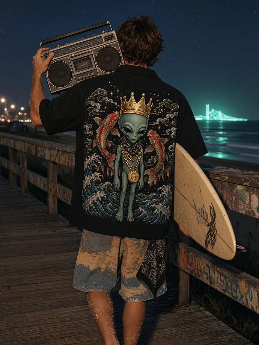 A man with a surfboard and boombox on a pier at night, wearing a black koi and alien shirt